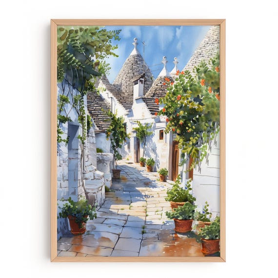 Alberobello Italy Watercolor Print Trulli Houses Wall Art Italian Village Travel Poster