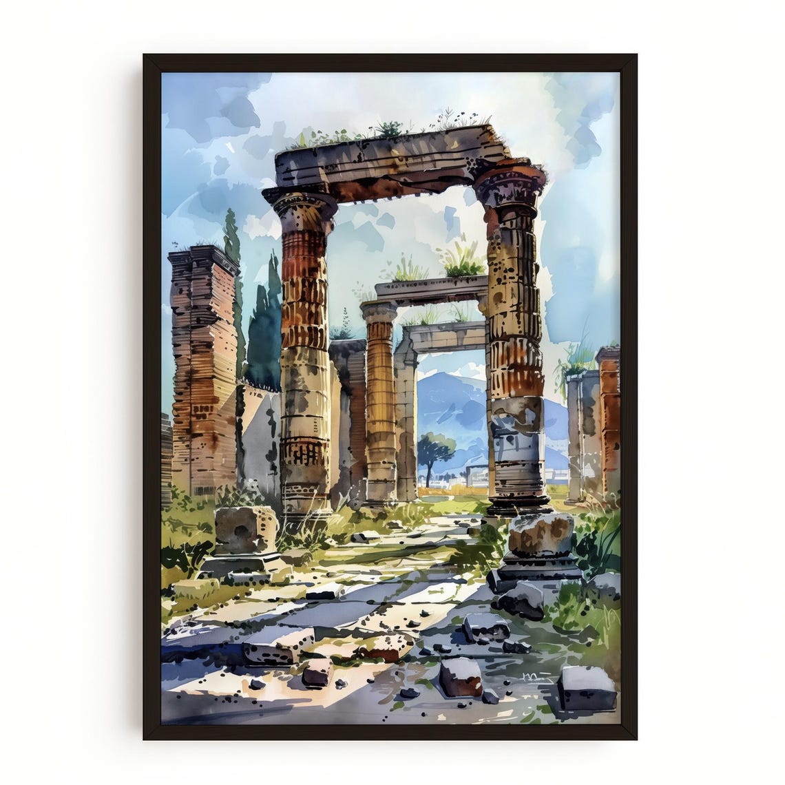 Ancient Roman Ruins Watercolor Poster with Classical Stone Columns