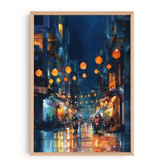Ho Chi Minh City Print Vietnam Night Street Wall Art Saigon Lantern Painting Southeast Asia Travel Poster Urban Cityscape Decor