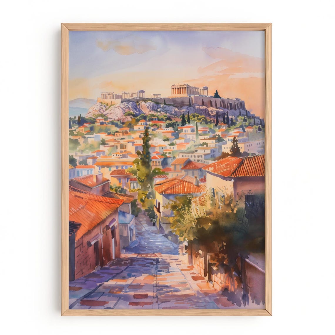 Athens Acropolis at Sunset Watercolor Greek Cityscape Wall Art