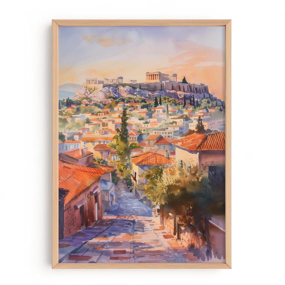 Athens Acropolis Watercolor Print Greek Cityscape Wall Art