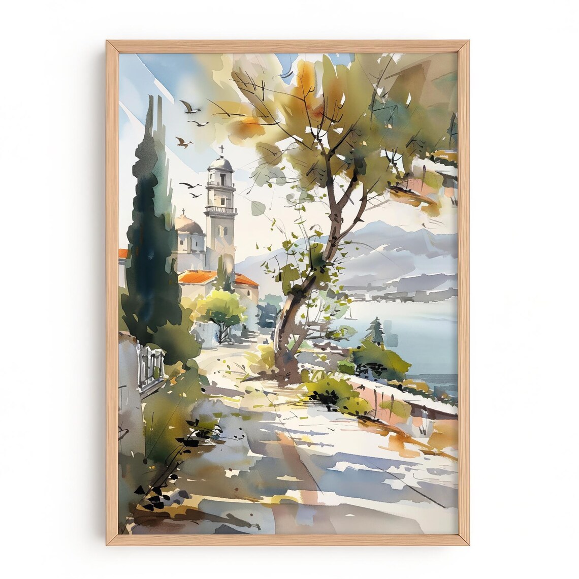 Kos Greece Church Lane Aegean Coast Sunlit Watercolor Art Poster