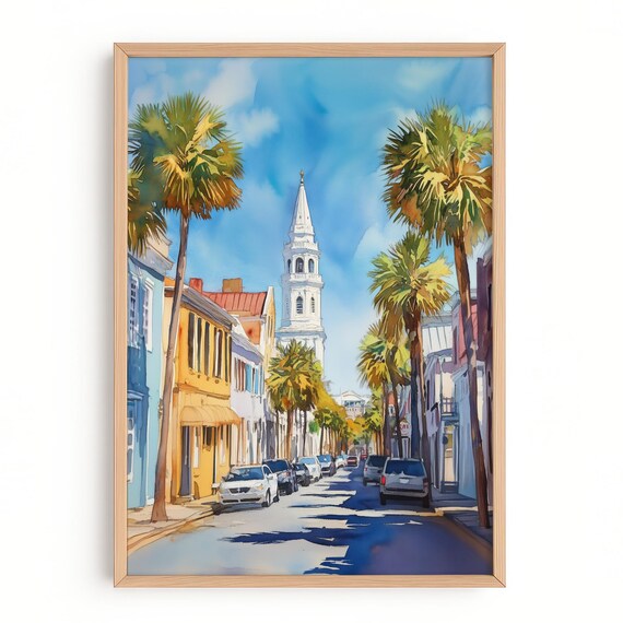 Charleston King Street St Michaels Church Palmettos Watercolor Travel Poster