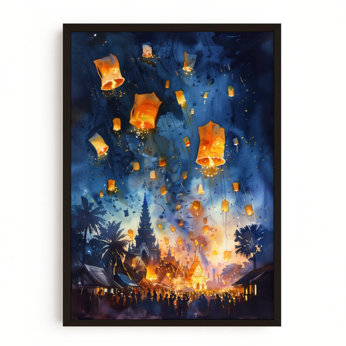 Yi Peng Lantern Festival Night Watercolor Thailand Temple Poster