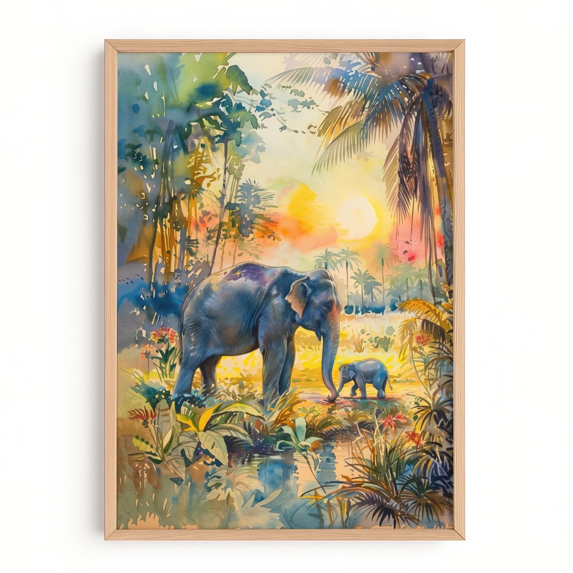 Mother and Baby Elephant Jungle Sunrise Watercolor Wildlife Art Poster