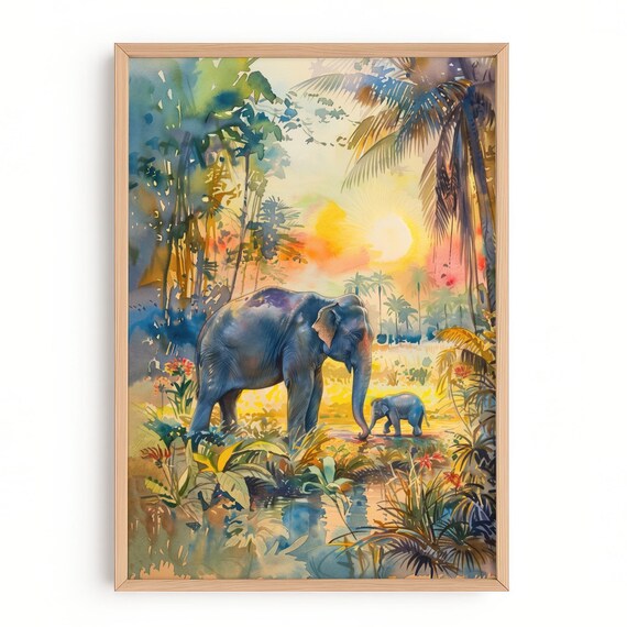 Elephant Sanctuary Art Print Thailand Jungle Wildlife Wall Mother Baby Painting Tropical Rainforest Chiang Mai Park