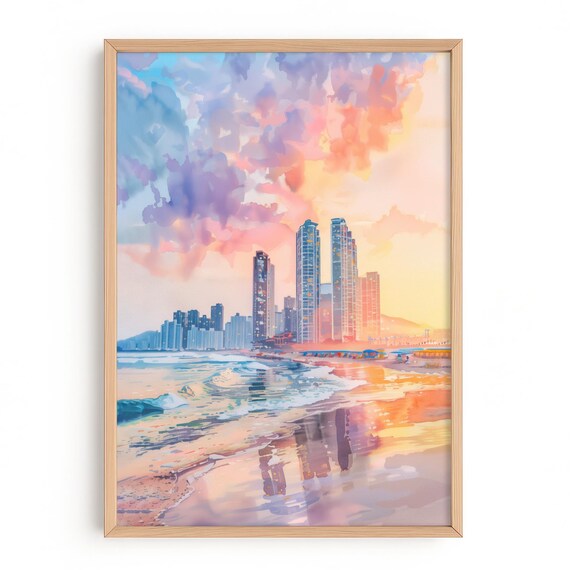 Busan Haeundae Beach Watercolor Print South Korea Travel Art