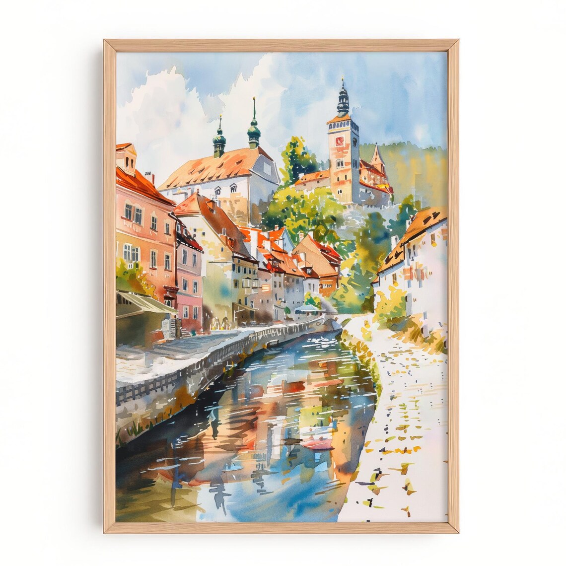 Cesky Krumlov River Old Town Castle Towers Watercolor Art Print