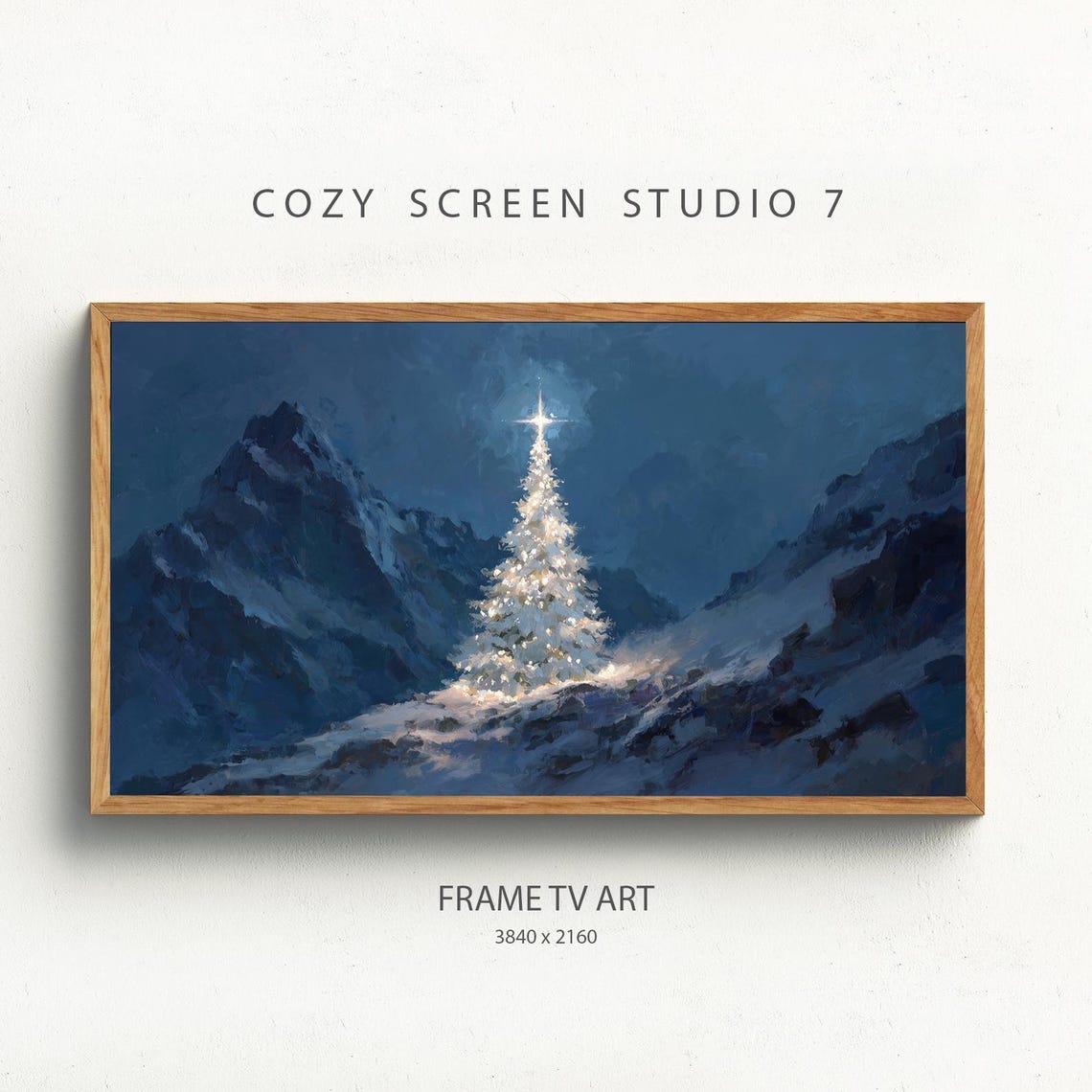 Glowing Christmas Tree Snowy Mountain Night Scene Painting Poster
