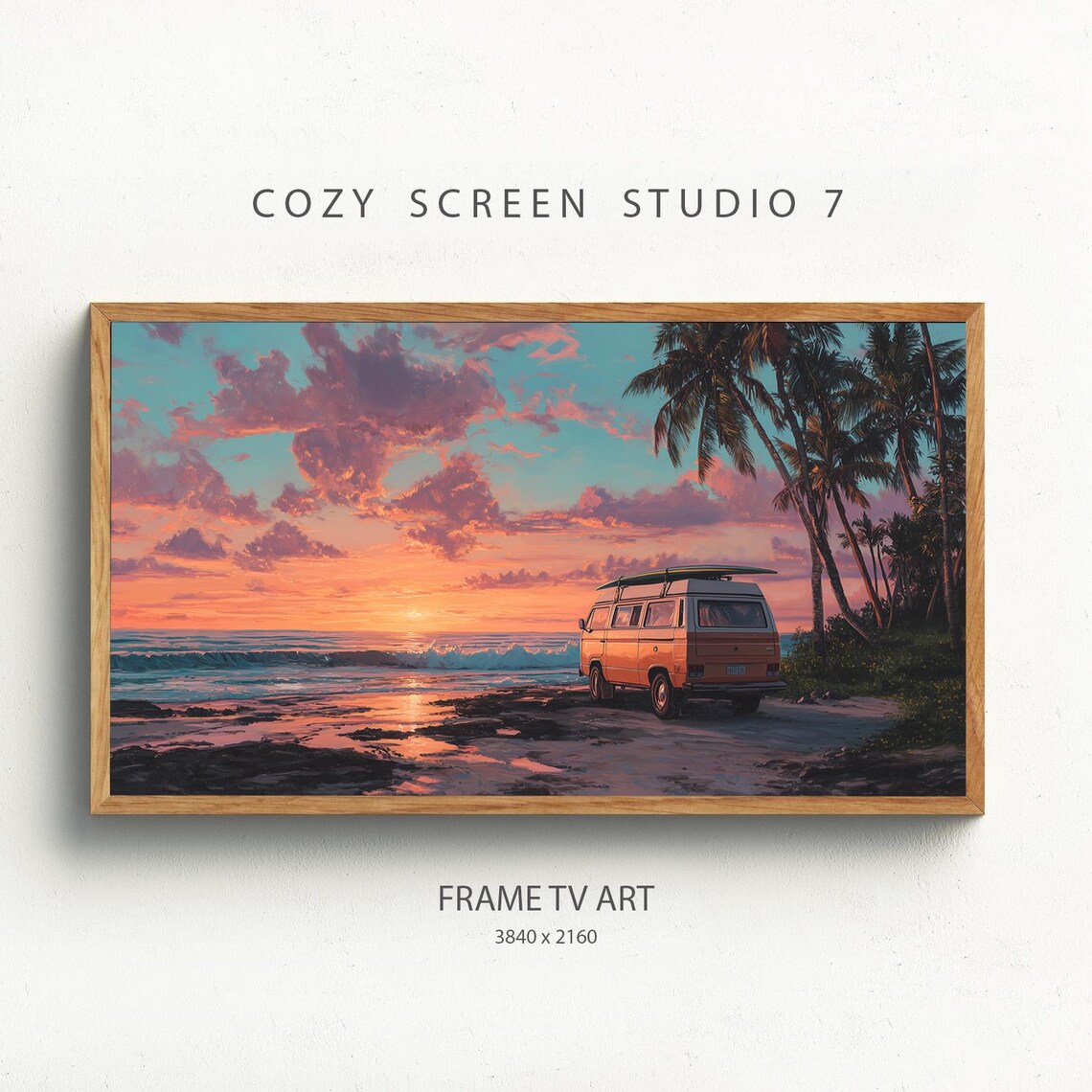 Vintage Camper Van Beach Sunset Surfboard Coastal Painting Poster