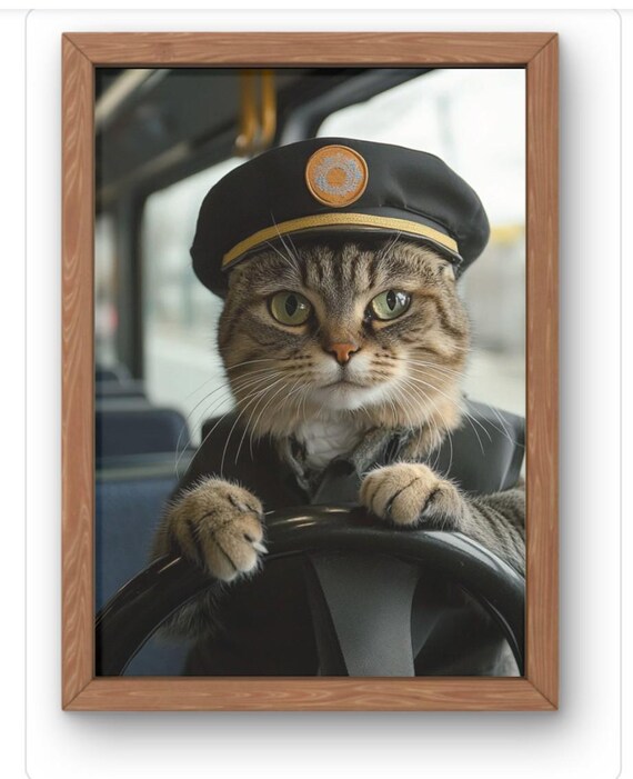 Tabby Cat Bus Driver In Uniform Cute Funny Feline Art Poster