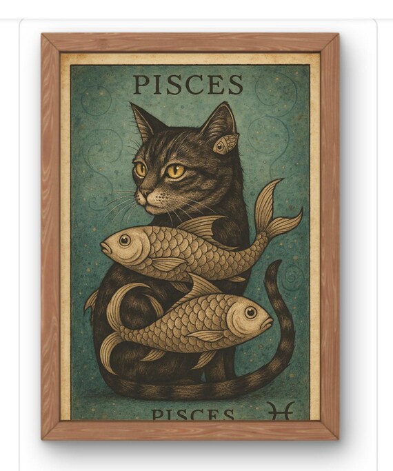 Pisces Cat Zodiac Art Print Vintage A Strology Wall For Season Whimsical Horoscope Decor Lovers Gift