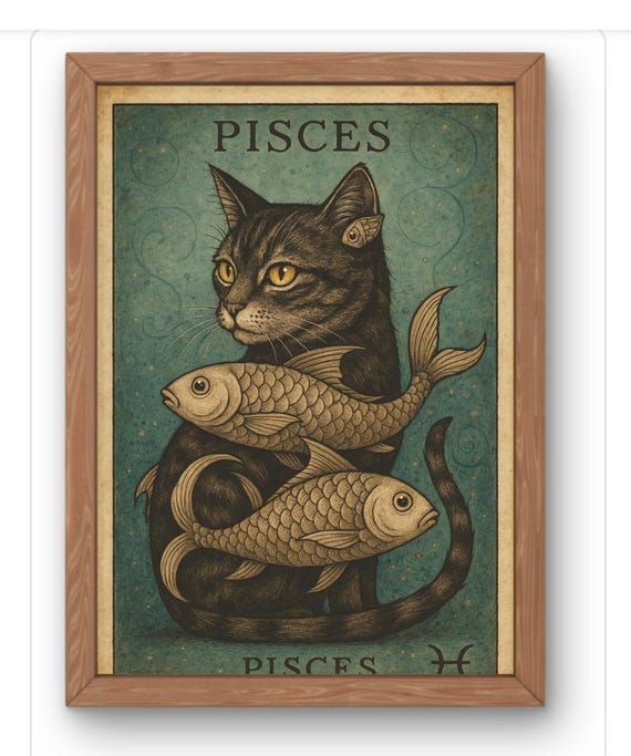 Pisces Zodiac Cat Vintage Astrology Fish Mystical Dark Art Poster