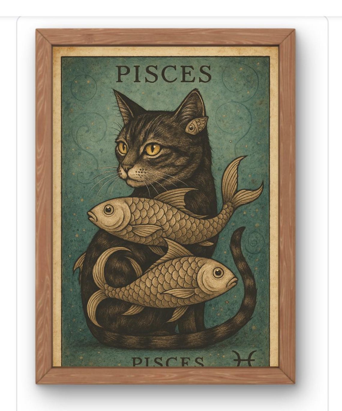 Pisces Zodiac Cat Vintage Astrology Fish Mystical Dark Art Poster