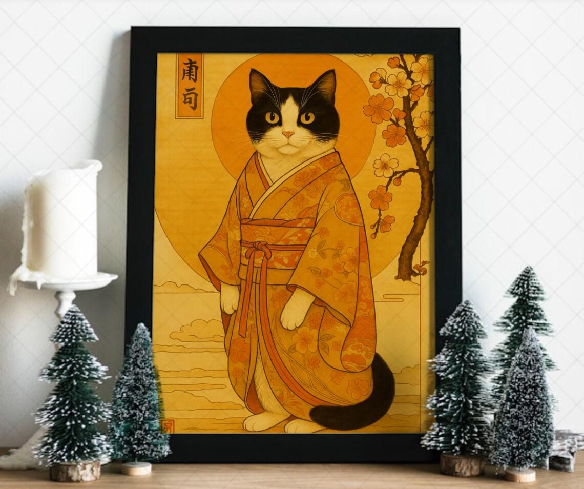 Kimono Cat Japanese Tuxedo Cat Ukiyoe Style Cherry Blossom Poster