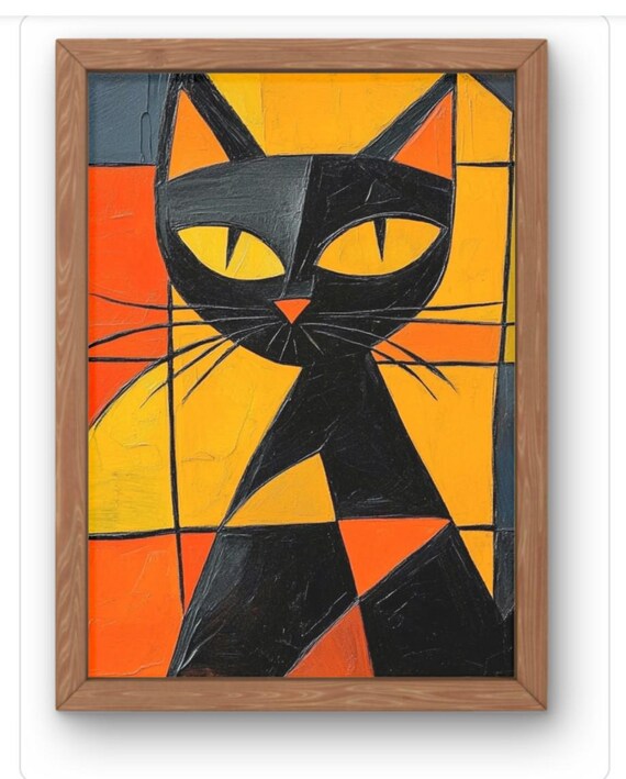 Geometric Black Cat Wall Art Print Bold Abstract Cubist Style Feline In Orange Yellow And Modern Decor For Home Ofiice