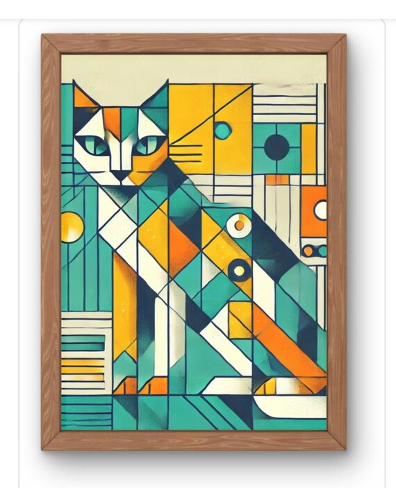 Geometric Stained Glass Cat Teal Yellow Orange Modern Feline Portrait Poster