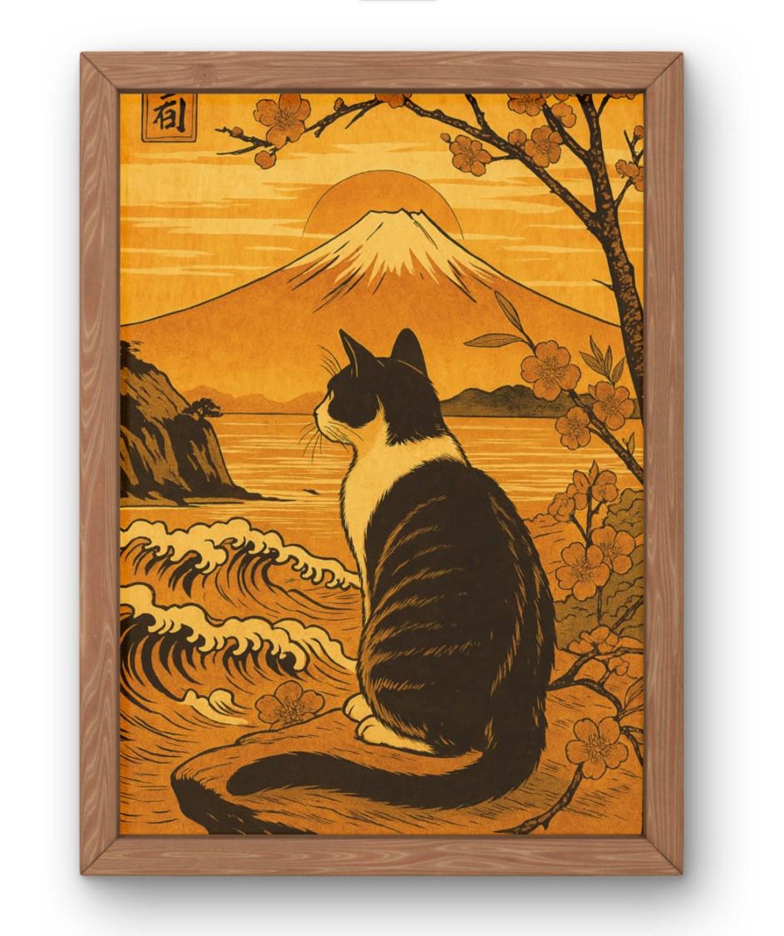 Japanese Cat With Mount Fuji Ukiyoe Style Sunset Retro Art Poster