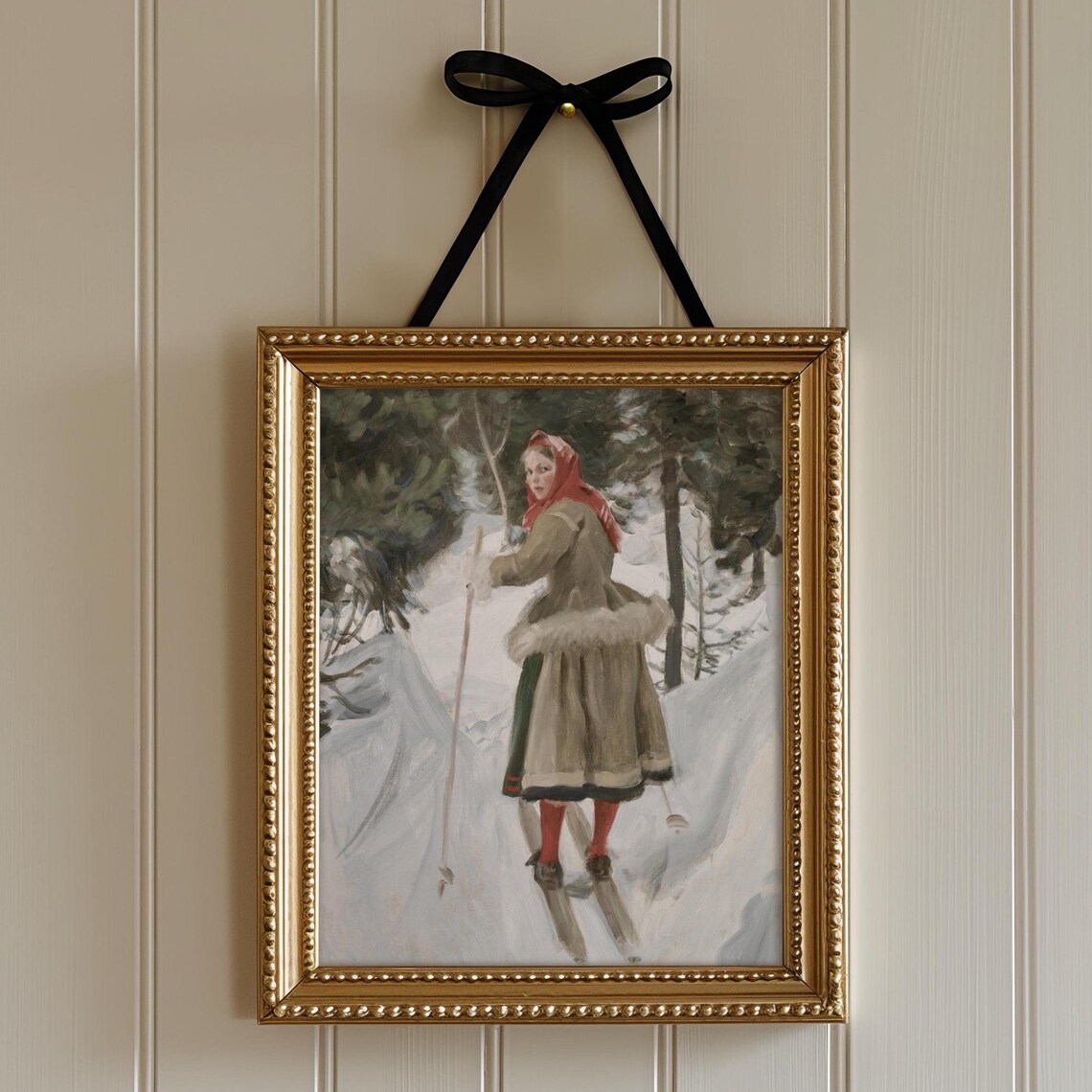 Woman Skiing Through Snowy Forest Vintage Winter Oil Painting Art Poster