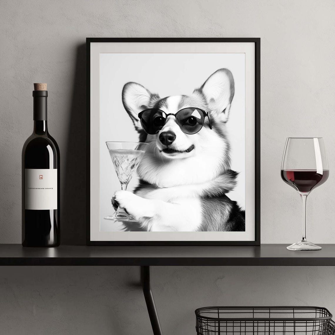 Smiling Corgi in Sunglasses Holding Cocktail Glass Funny Bar Poster