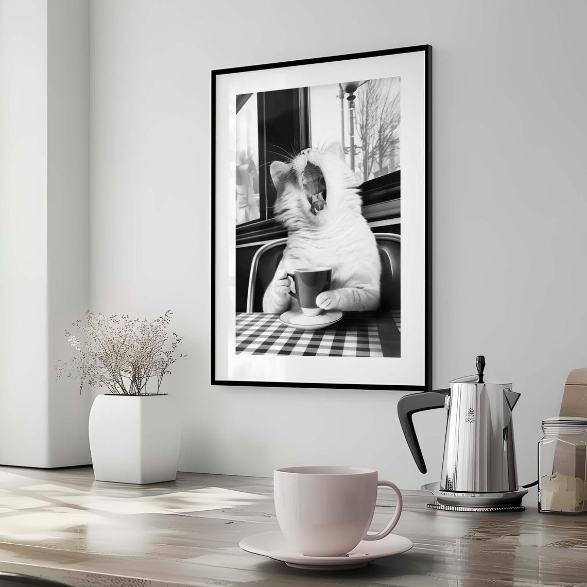 Yawning Cat with Coffee Cup at Cafe Table Funny Kitchen Animal Poster - Image 3