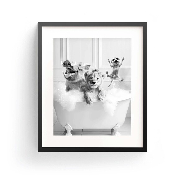 Happy Cute Animal In Tub Wall Art Lion Meerkat Warthog Photo Bathroom Art Print Black And White Kid Decor Gift