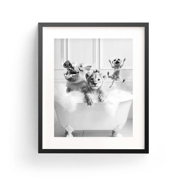 Lion Cub Warthog and Meerkat Bubble Bath Funny Bathroom Animal Poster
