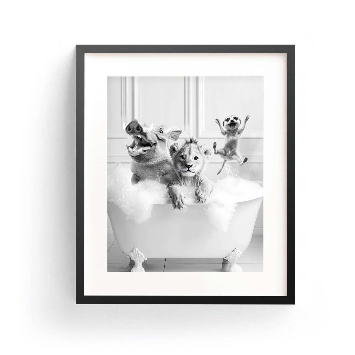 Lion Cub Warthog and Meerkat Bubble Bath Funny Bathroom Animal Poster