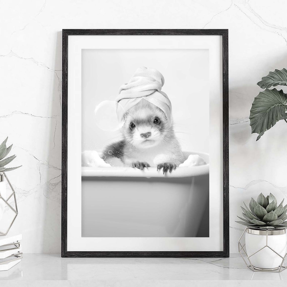 Ferret in Bubble Bath with Towel on Head Funny Bathroom Animal Poster - Image 2