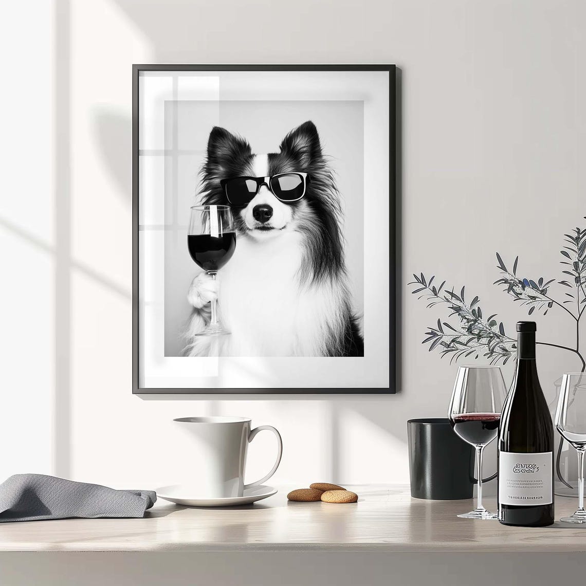 Shetland Sheepdog in Sunglasses Holding Wine Glass Funny Bar Poster - Image 2
