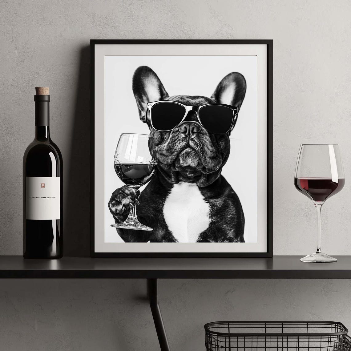 French Bulldog Wine Wall Art Black And White Print French Bulldog Bar Cart Print Dog Lover Gift Funny Dog Poster Bar Decor Kitchen Art Lover - Image 2