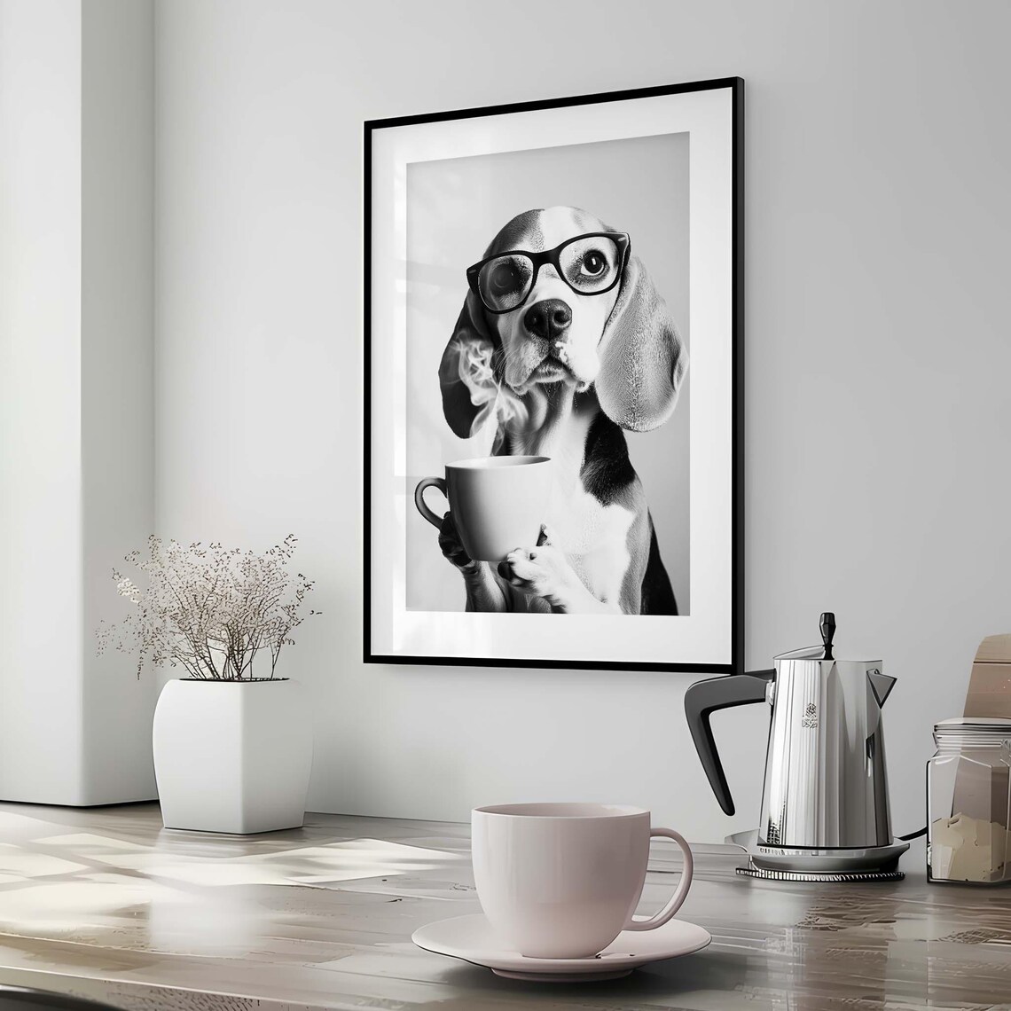Beagle Coffee Black and White Art Print, Bar Cart - Image 2