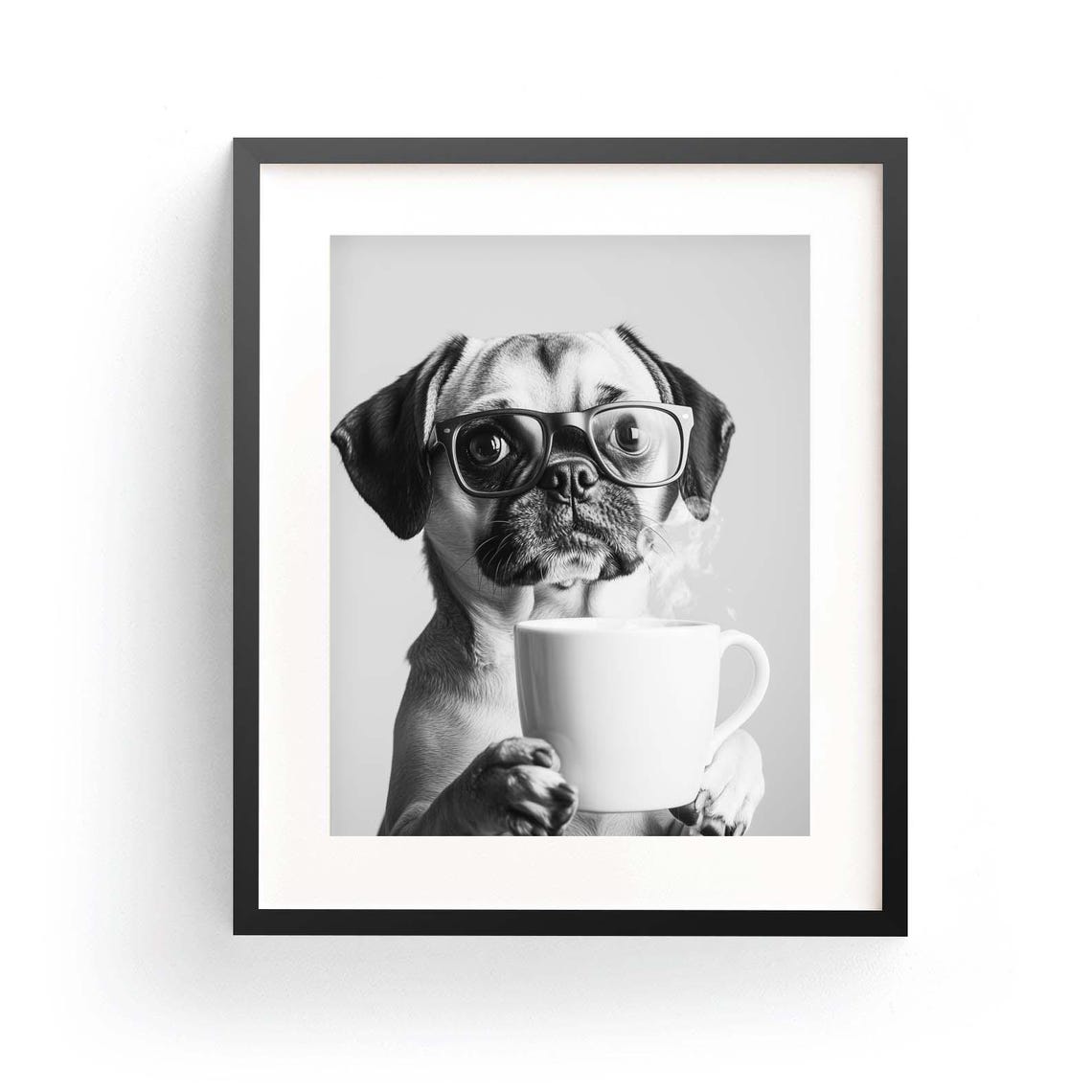Wrinkled Puggle In Big Eyeglasses Holding A Steaming Coffee Cup Poster