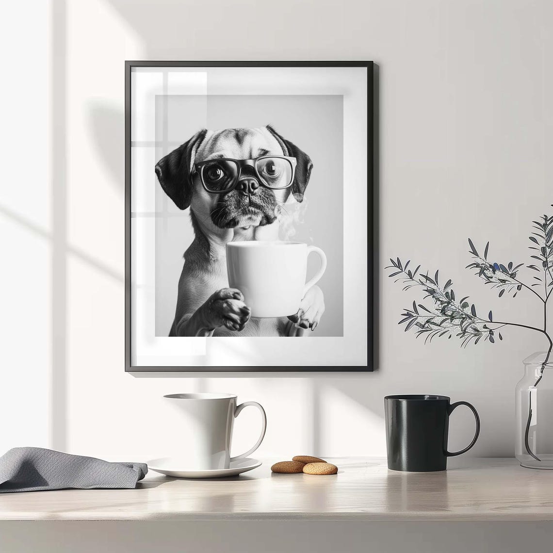 Wrinkled Puggle In Big Eyeglasses Holding A Steaming Coffee Cup Poster - Image 2