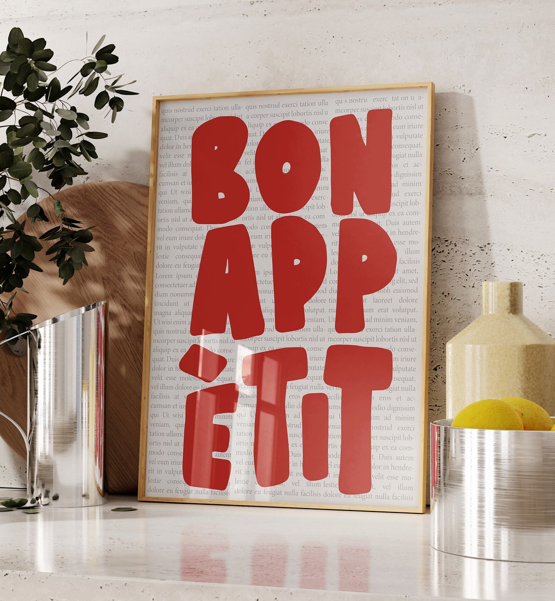 Bon Appetit Big Red Letters Newspaper Background Kitchen Poster