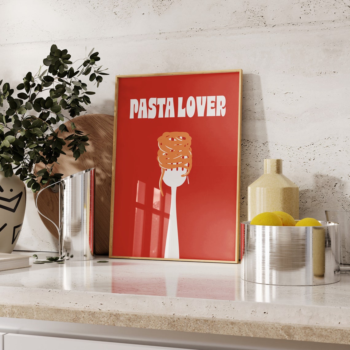 Red Pasta Lover Fork With Spaghetti Twirl Kitchen Art Poster - Image 3