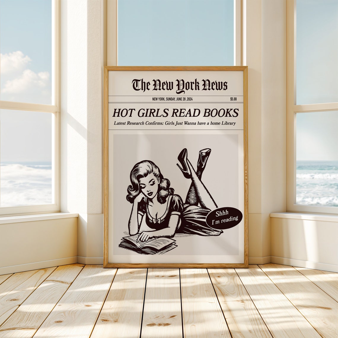 Hot Girls Read Books Vintage Newspaper Style Pin Up Reader Poster - Image 3