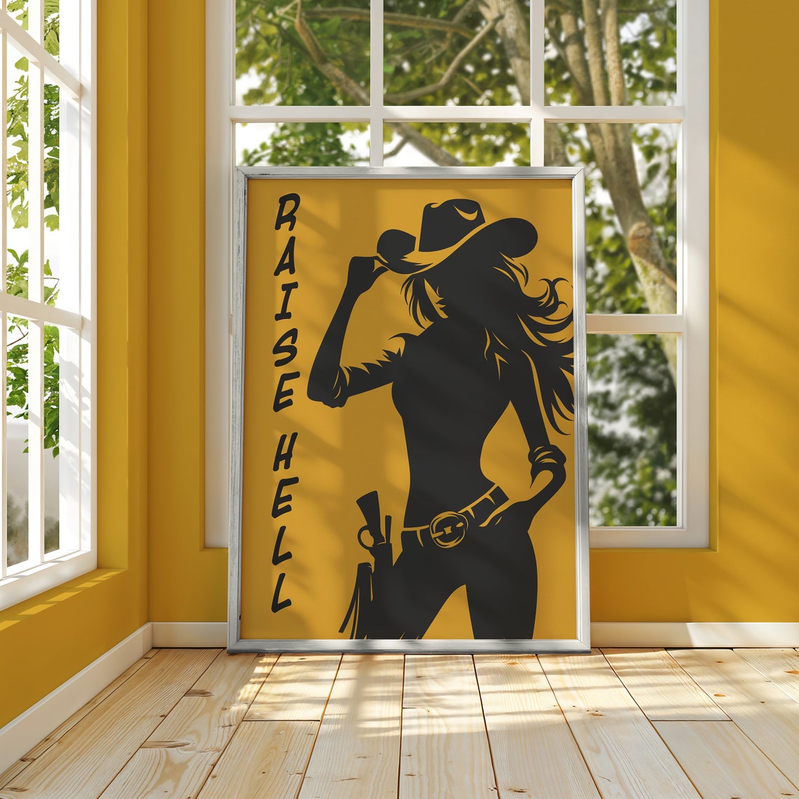 Raise Hell Bold Cowgirl Silhouette Mustard Western Decor Poster - Image 3