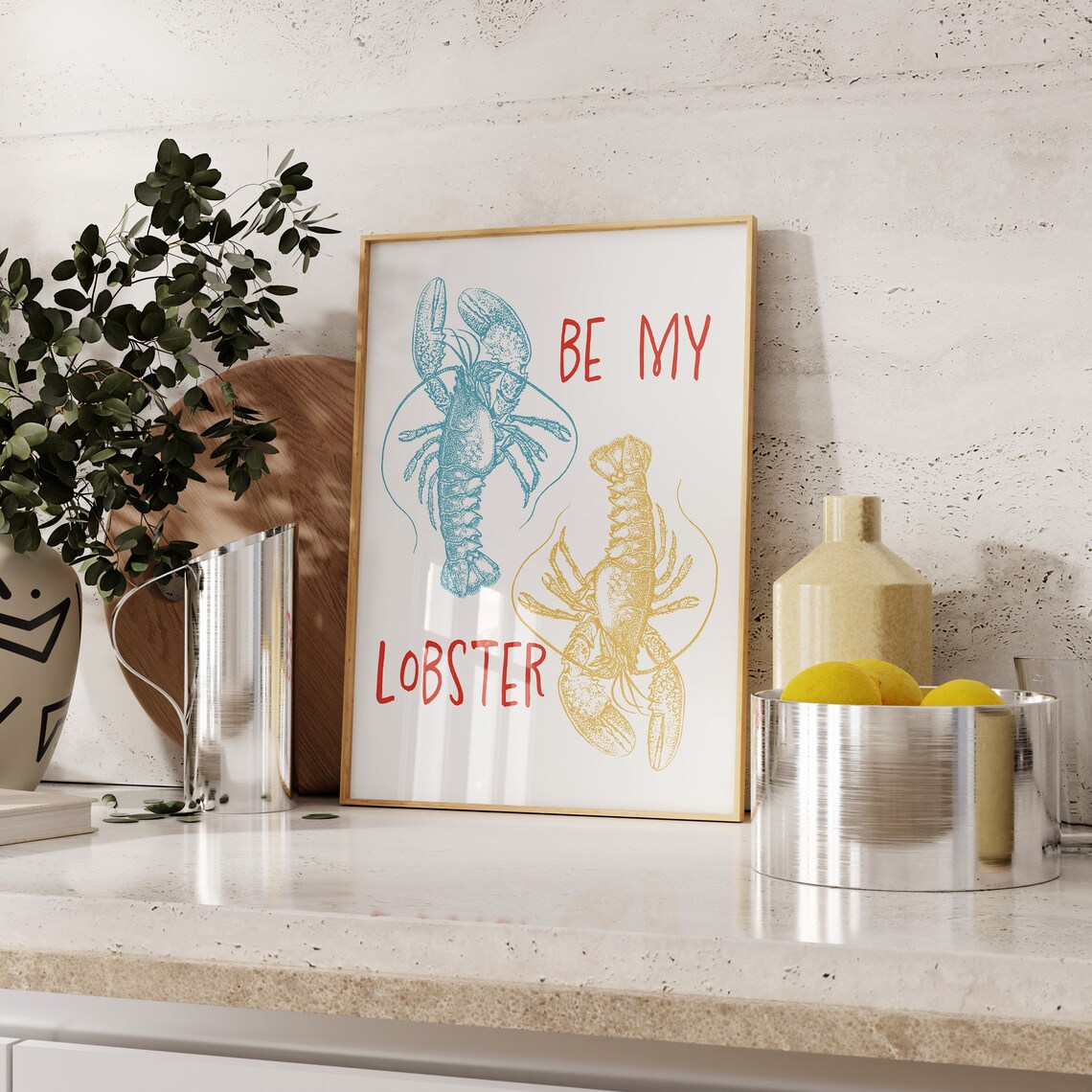 Be My Lobster Blue Yellow Vintage Sea Life Kitchen Art Wall Art - Image 3