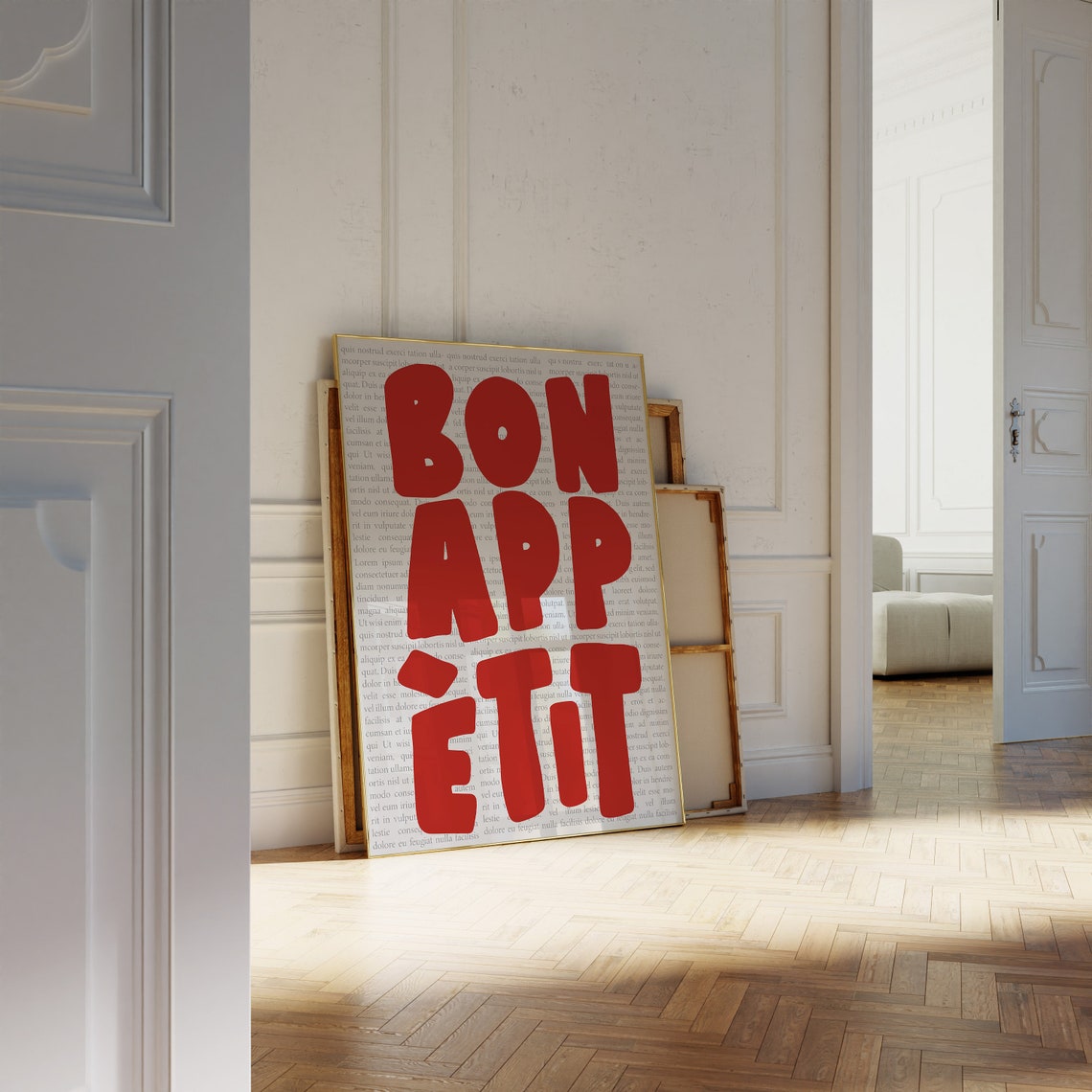 Bon Appetit Big Red Letters Newspaper Background Kitchen Poster - Image 2