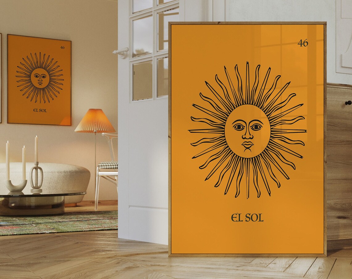 El Sol Mexican Loteria Sun Face Number 46 Mustard Yellow Poster - Image 2