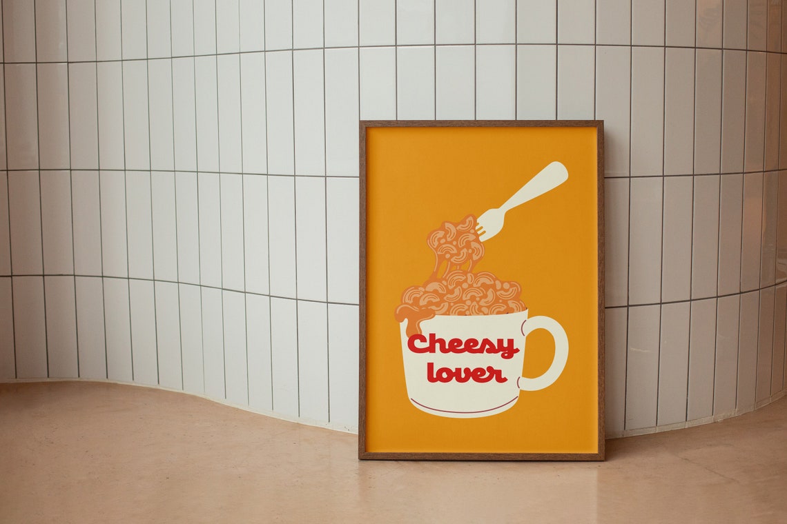 Yellow Retro Mac and Cheese Mug Cheesy Lover Kitchen Art Poster - Image 2