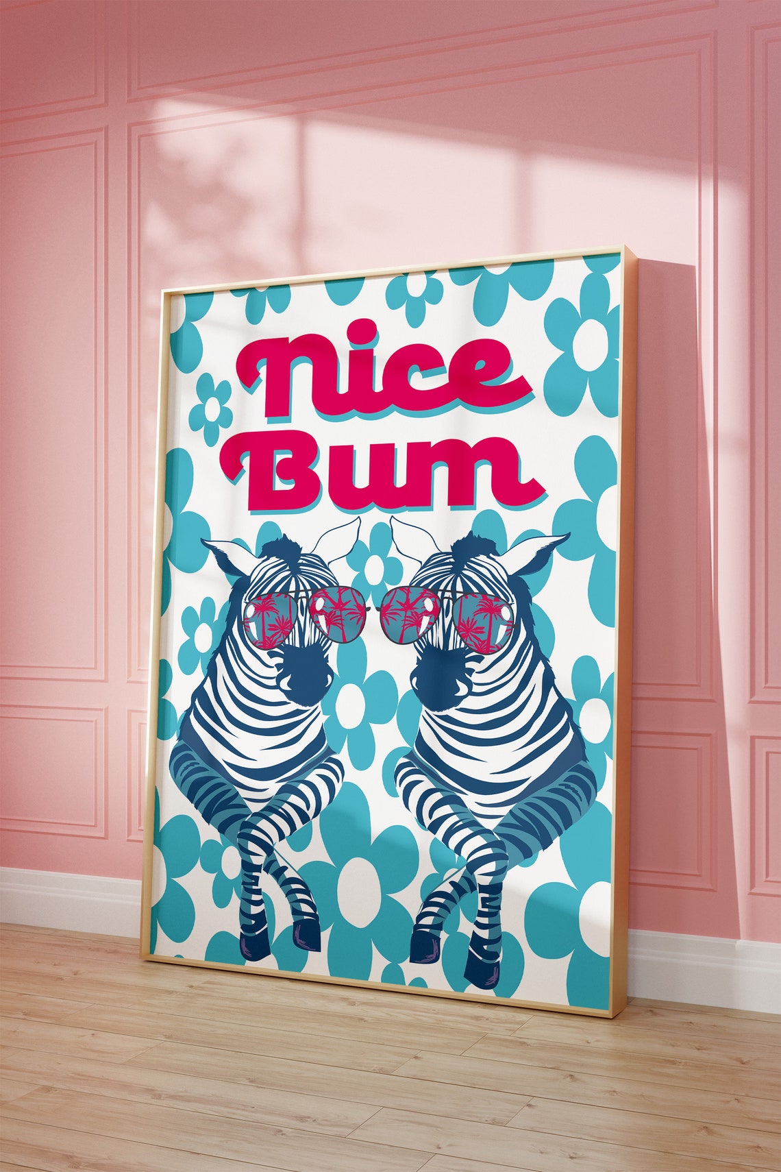 Funny Nice Bum Zebras Wearing Sunglasses Teal Floral Art Poster