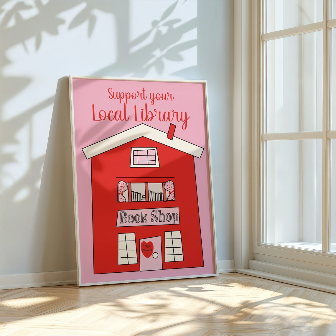Support Your Local Library Pink Red Book Shop House Art Poster - Image 2