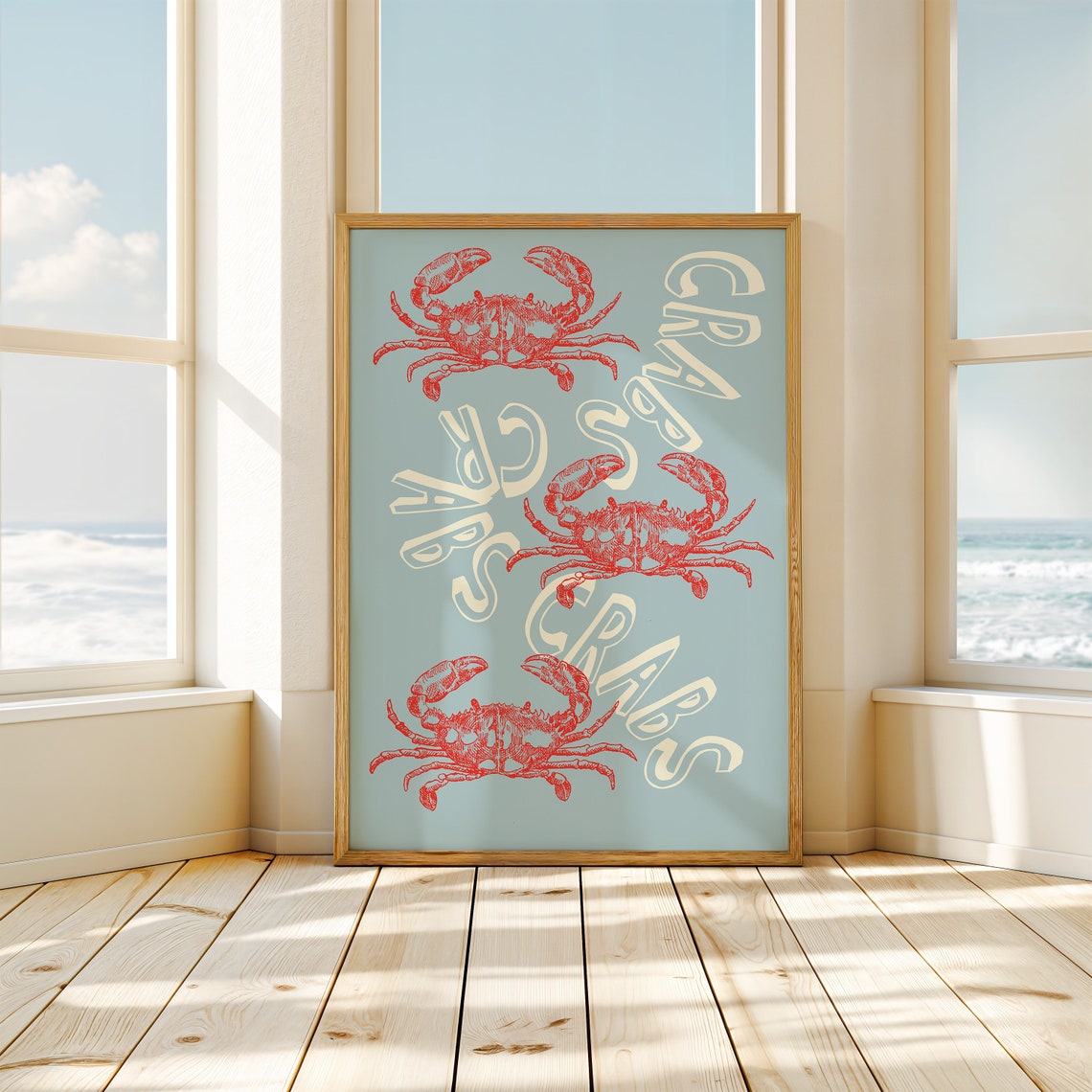 Red Crab Trio Blue Background Bold Crab Pattern Kitchen Poster - Image 3