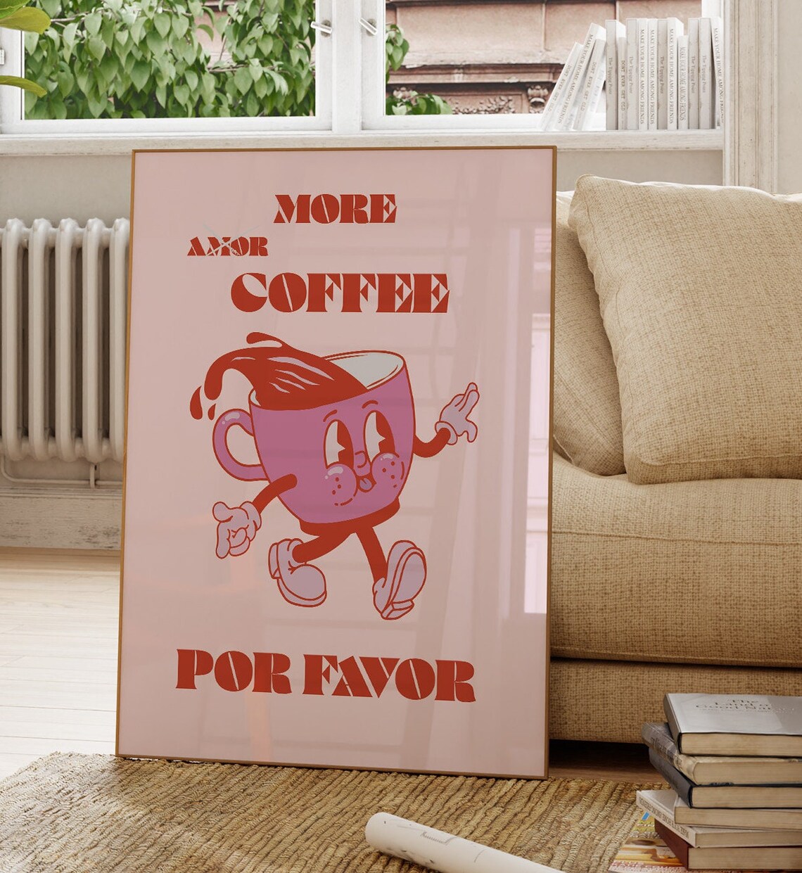 More Amor Coffee Por Favor Cute Retro Coffee Cup Character Poster - Image 2