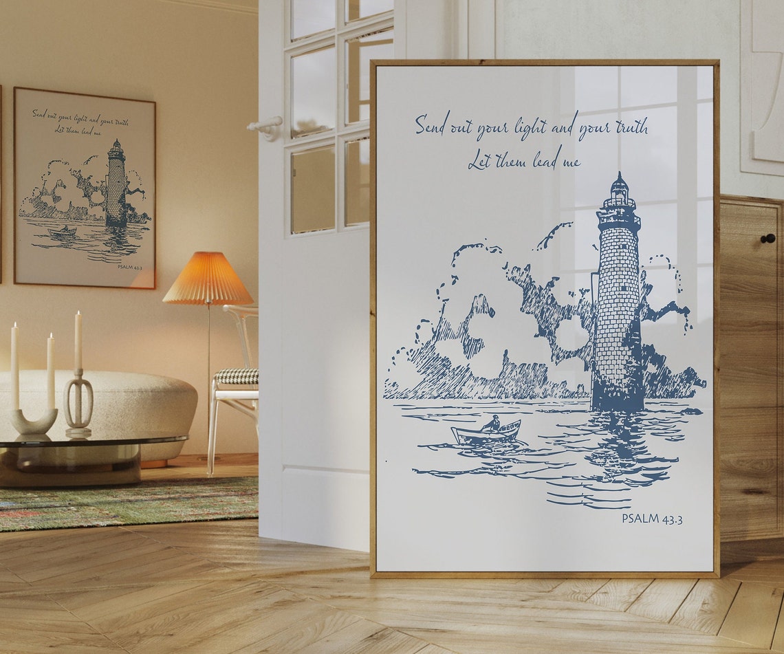 Lighthouse Psalm 43 Verse Blue Coastal Sketch Christian Wall Art - Image 2