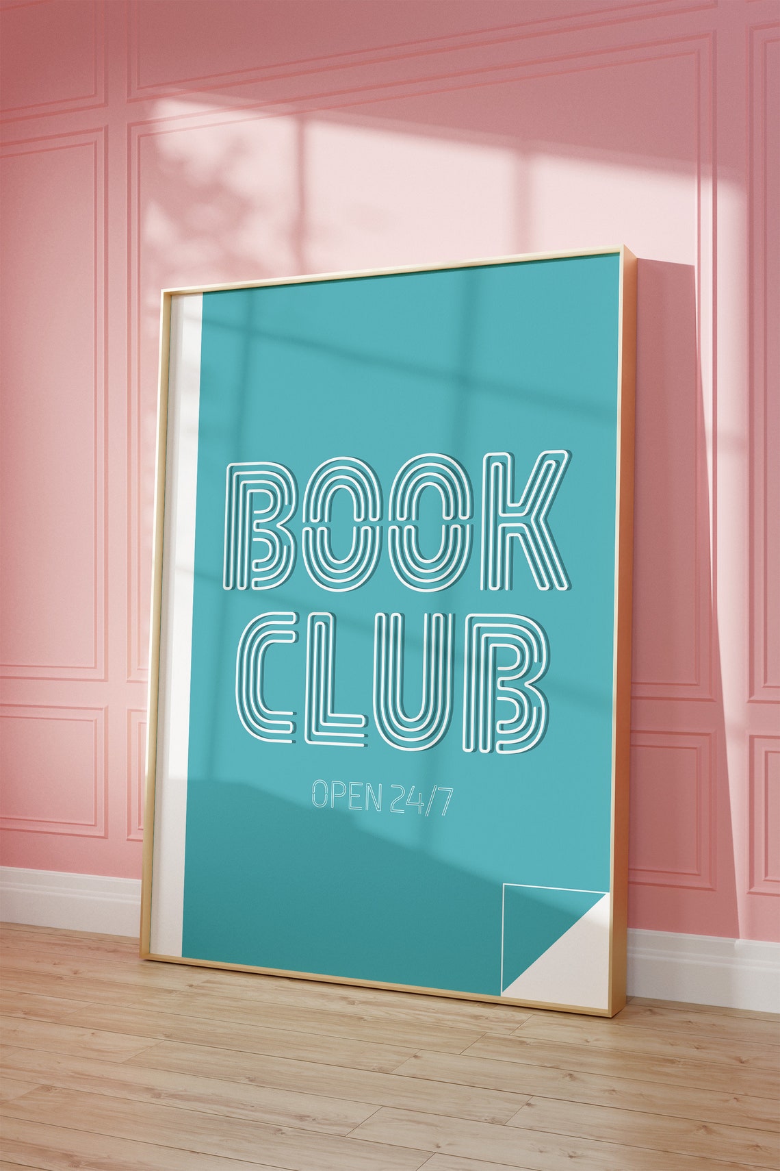 Book Club Open 24-7 Neon Line Lettering Teal Reading Room Poster