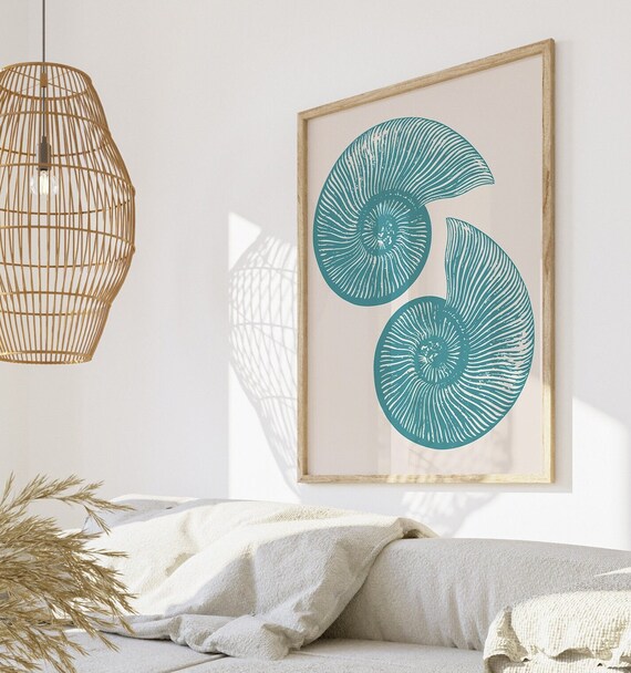 Teal Nautilus Seashell Pair Coastal Minimalist Beach Wall Art