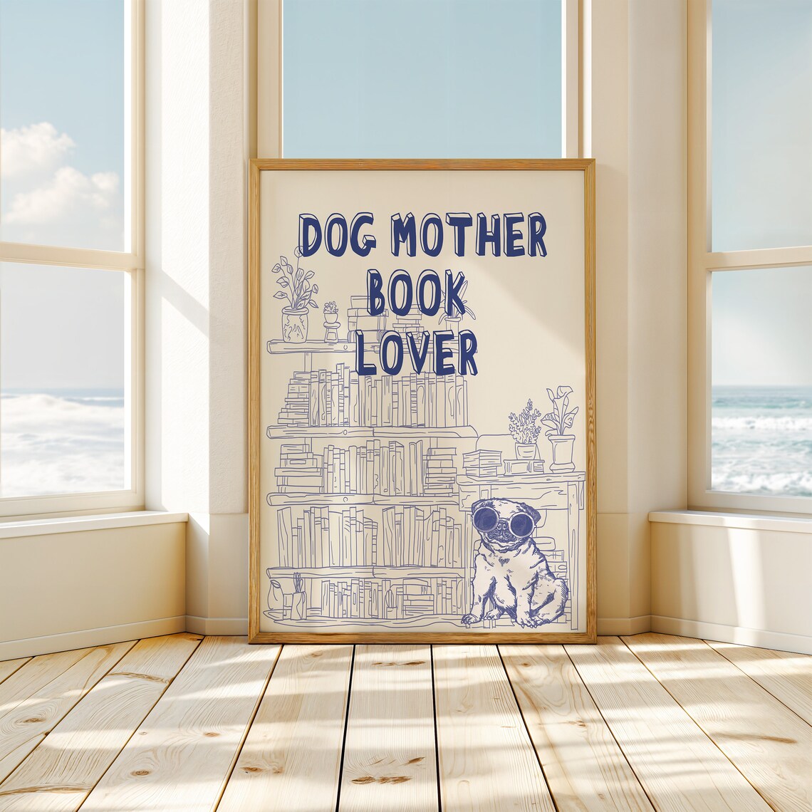 Dog Mother Book Lover Blue Cream Pug Bookshelf Art Decor Poster - Image 3
